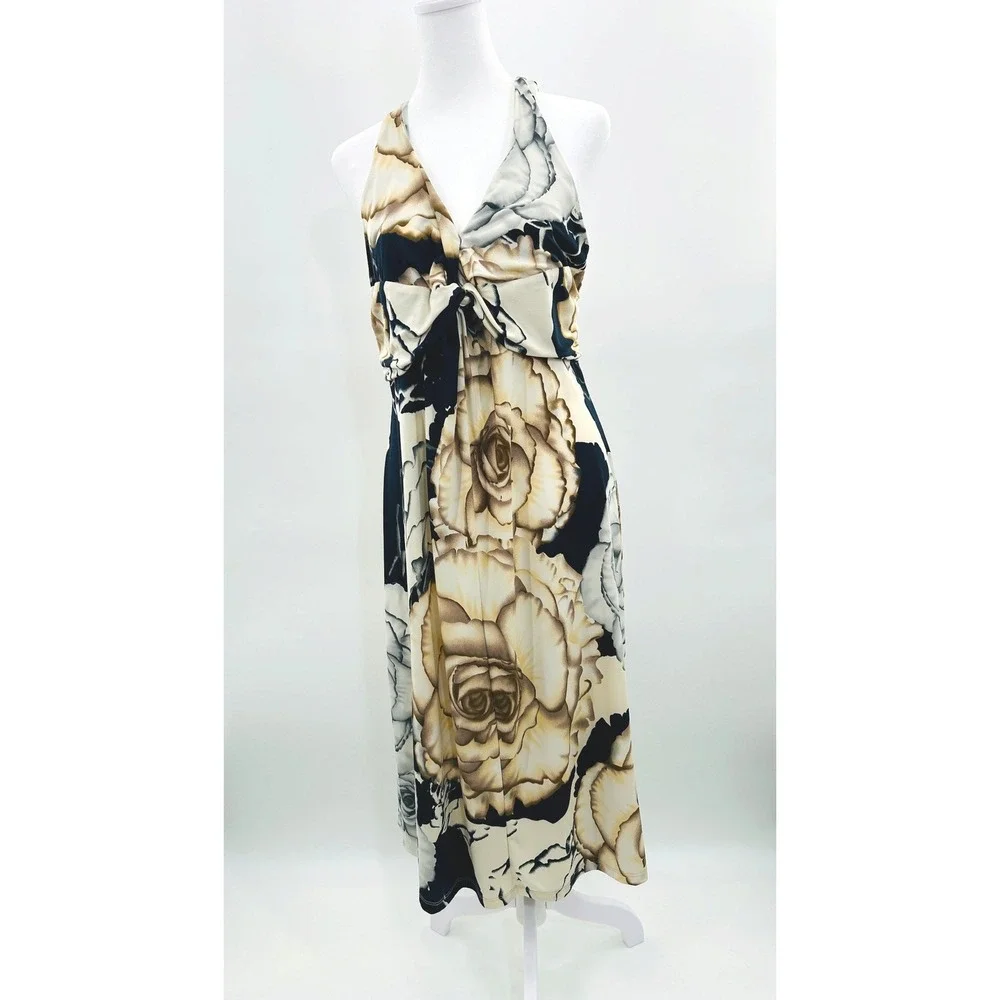 Newport News Halter Maxi Dress L Floral Beige Black‎ Stretch Boho Coastal Chic - Picture 3 of 10